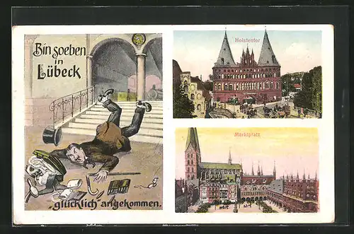 AK Lübeck, Holstentor, Marktplatz im Abendrot