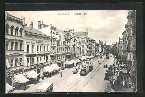 AK Magdeburg, Strasse Breite Weg mit Strassenbahn