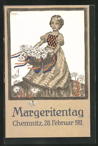 Künstler-AK Chemnitz, Margeritentag 28.02.1911, Mädchen mit Blumenkranz auf dem Haupte