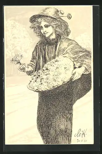 Künstler-AK Leipzig, Margueritentag 11.02.1911, Mädchen mit Blumenkorb