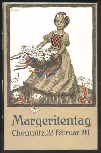 Künstler-AK Chemnitz, Margeritentag 28.02.1911, Mädchen mit Blumenkorb