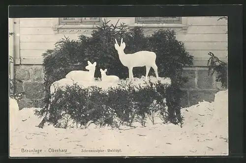 AK Braunlage /Oberharz, Schneeskulptur: Waldidyll, Rehbock mit Reh und Kitz