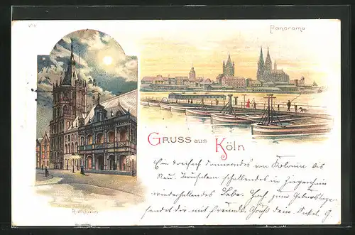 Künstler-AK Köln, Rathaus bei Mondschein, Panorama