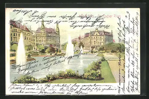 Lithographie Köln-Neustadt, Deutscher Ring mit Fontänen