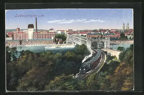 AK Ludwigshafen a. Rh, Teilansicht mit Eisenbahn und Dampfer