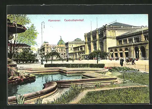 AK Hannover, Centralbahnhof, Brunnen auf dem Vorplatz