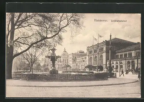 AK Hannover, Zentralbahnhof, Springbrunnen