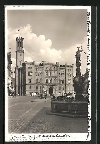 AK Zittau, Rathaus, Marktplatz mit Rolandbrunnen