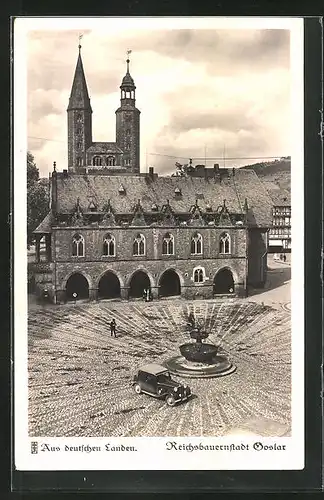 AK Goslar, Rathaus mit Vorplatz und Brunnen