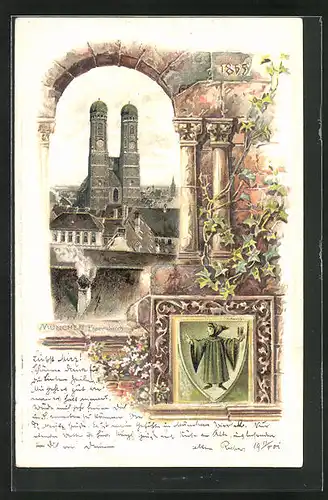 Passepartout-Lithographie München, Frauenkirche mit Münchner Kindl, Wappen
