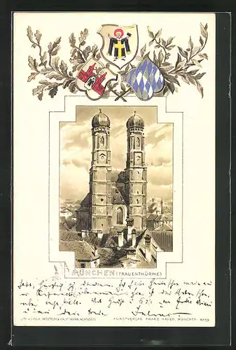 Passepartout-Lithographie München, Frauenkirche, Wappen