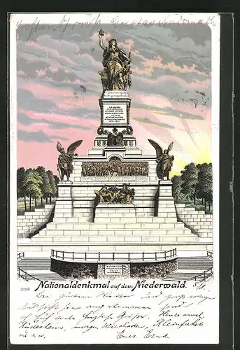 Lithographie Niederwald, Nationaldenkmal im Abendrot