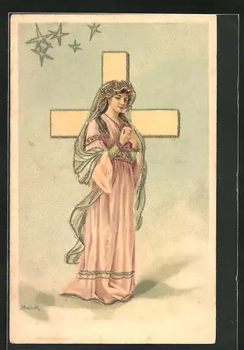 AK gläubiges Mädchen im Kleid vor einem Kreuz, Allegorie