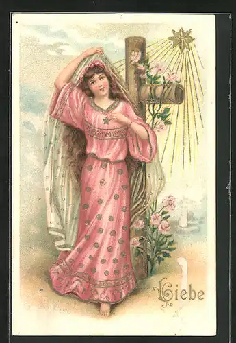 AK junges Mädchen in einem pinken Kleid vor einem Kreuz, Schriftzug Liebe