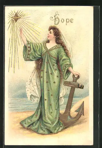 AK junges Mädchen in einem grünen Kleid mit einem Anker am Strand, Allegorie