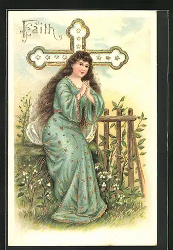 AK junges Mädchen in einem grünen Kleid am beten, Allegorie
