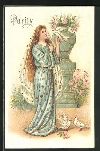 AK schöe Frau im hellblauen Kleid mit weissen Tauben, Schriftzug Purity, Allegorie