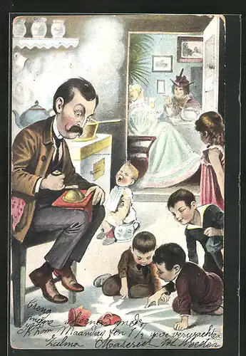 AK Herr mit einer Kaffeemühle und Kindern in der Küche