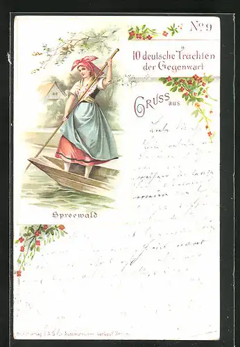 Lithographie 10. deutsche Trachten der Gegenwart, Frau auf einem Kanu in Spreewälder Tracht, Ganzsache PP9E25 /019