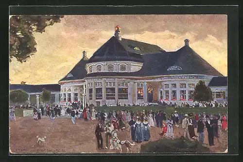 Künstler-AK München, Ausstellung Bayrische Gewerbeschau 1912, Menschenmasse vor einem Gebäude