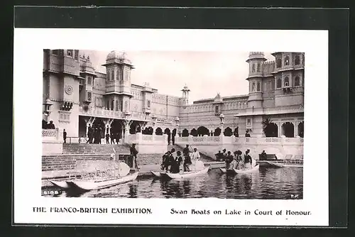 AK London, The Franco-British Exhibition, Swan Boats on Lake in Court of Honour