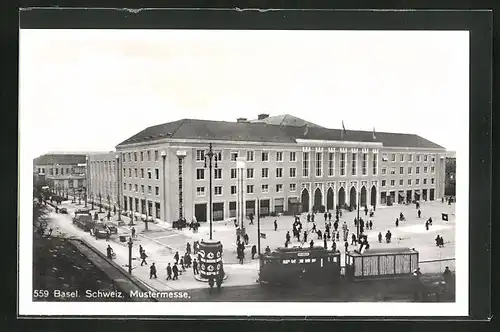 AK Basel, Schweizer Mustermesse, Messegelände mit Strassenbahn