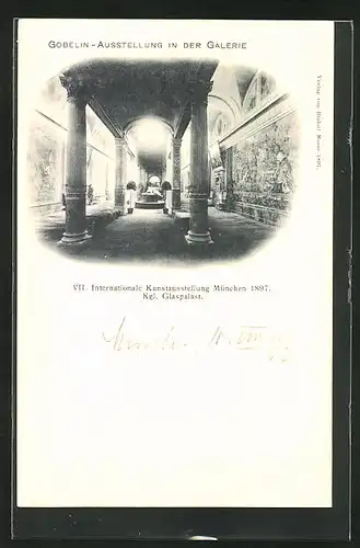 AK München, Internationale Kunstausstellung 1897, Gobelin-Ausstellung in der Galerie