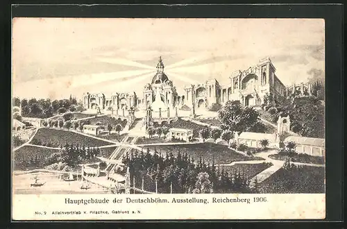 AK Reichenberg, Deutschböhmischen Ausstellung 1906, Hauptgebäude mit Hafen