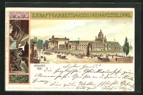 AK München, II. Kraft-u. Arbeitsmaschinen-Ausstellung 1898, Ausstellungsgebäude mit Pferdekutsche