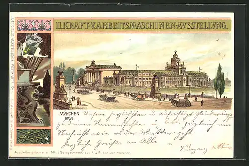 Lithographie München, II. Kraft-u. Arbeitsmaschinen-Ausstellung 1898, Ausstellungsgebäude mit Pferdekutsche