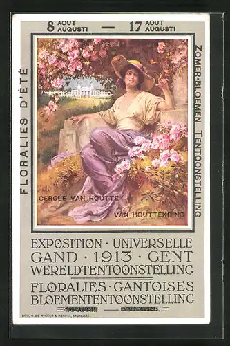 AK Gent, Exposition Universelle Gand 1913, hübsche Frau im Kleid mit Sonnenhut