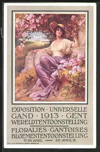AK Gent, Exposition Universelle Gand 1913, hübsche Frau im Kleid mit Sonnenhut