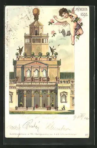 Lithographie München, Ausstellung 1898, Mittelbau, kleiner nackter Engel verteilt Blumen