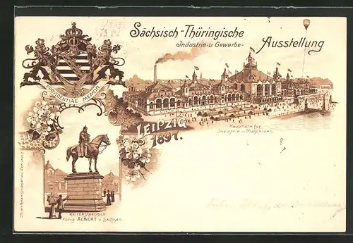 Lithographie Leipzig, Sächs.-Thür. Industrie u. Gewerbe-Ausstellung 1897, Reiterstandbild König Albert v. Sachsen