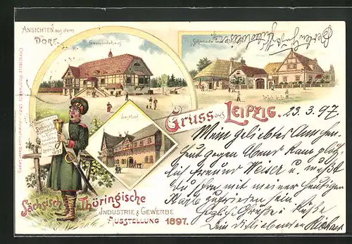 Lithographie Leipzig, Sächs.-Thür. Industrie- u. Gewerbe-Ausstellung 1897, Schmiede und Gutshof, Gasthof