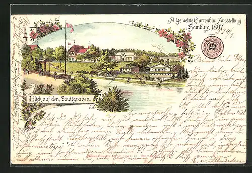 Lithographie Hamburg, Allgemeine Gartenbau-Ausstellung 1897, Blick auf den Stadtgraben