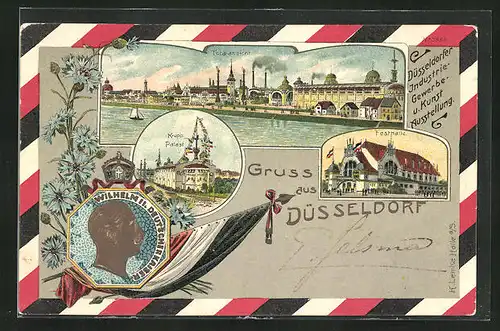 Lithographie Düsseldorf, Krupp-Palast, Totalansicht, Konterfei Kaiser Wilhelm II., Festhalle