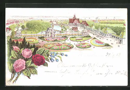 Lithographie Hamburg, Gartenbau-Ausstellung 1898, Rosen, Teilansicht