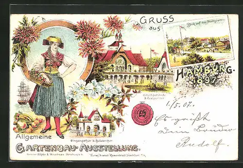 Lithographie Hamburg, Allgemeine Gartenbau-Ausstellung 1897, Hauptgebäude und Restaurant, Blick auf den Stadtgraben