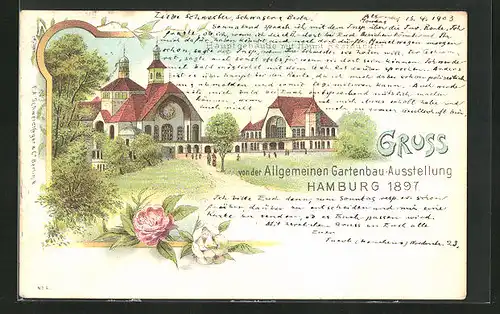 Lithographie Hamburg, Allgemeine Gartenbau-Ausstellung 1897, Hauptgebäude mit Hauptrestaurant