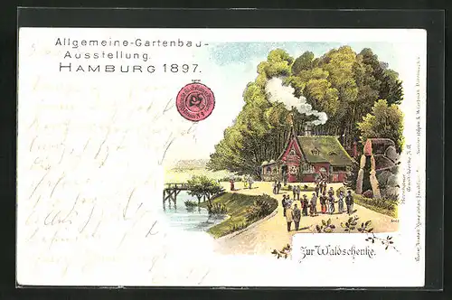 Lithographie Hamburg, Allgemeine Gartenbau-Ausstellung 1897, Gasthaus zur Waldschenke