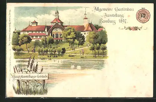 Lithographie Hamburg, Allgemeine Gartenbau-Ausstellung 1897, Haupt-Ausstellungs-Gebäude