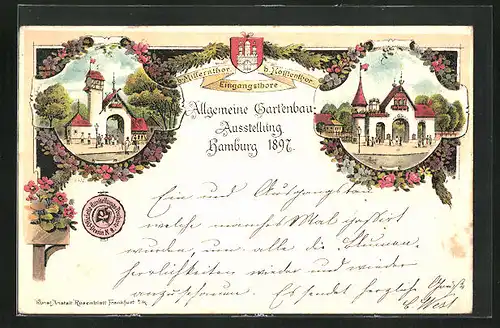 Lithographie Hamburg, Allgemeine Gartenbau-Ausstellung 1897, Eingangstore b. Millerntor und Holstentor