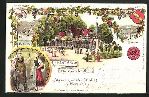 Lithographie Hamburg, Allgemeine Gartenbau-Ausstellung 1897, Deutsches Weinhaus zum Weinschmidt, Berncastel