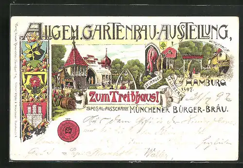 Lithographie Hamburg, Allgemeine Gartenbau-Ausstellung 1897, Gasthäuser zum Treibhaus und Windenhof