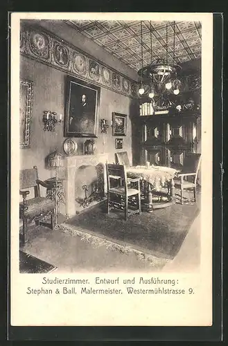 AK München, Ausstellung bemalter Wohnräume 1910, Studierzimmer, Stephan & Ball, Malermeister, Westermühlstrasse 9