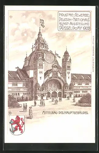 Künstler-AK Düsseldorf, Industrie- Gewerbe- Deutsch-Nationale Kunst-Ausstellung 1902, Mittelbau des Hauptgebäudes