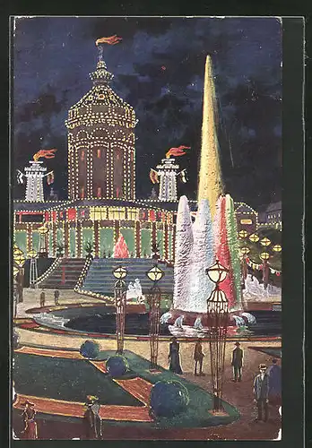 Künstler-AK Mannheim, Jubiläums-Ausstellung 1907, Wasserturm und Leuchtfontaine bei Nacht