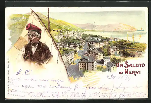 Lithographie Nervi, Ortsansicht aus der Vogelschau, Einwohner mit typischer Mütze