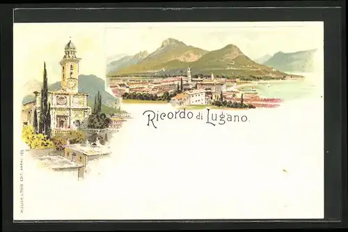 Lithographie Lugano, Gesamtansicht, Blick zur Kirche